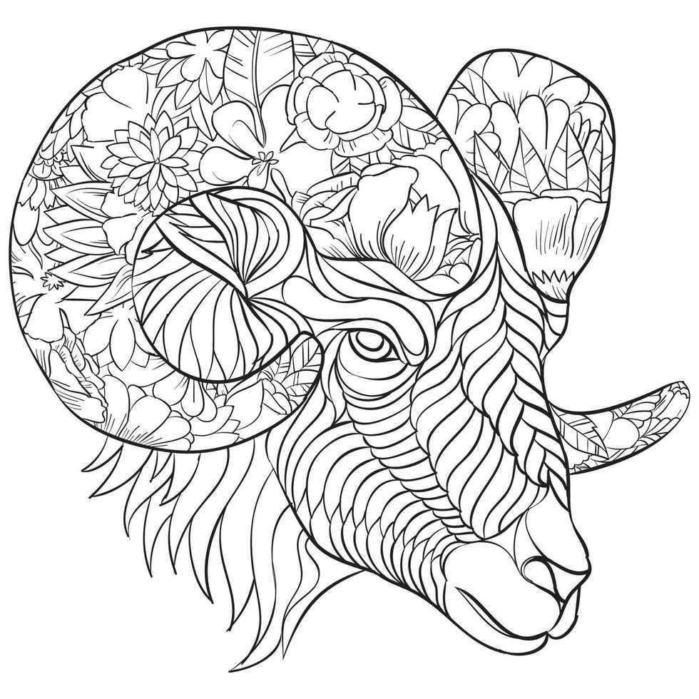 chèvre dessinée à la main avec motif de doodle floral ethnique. page de coloriage - zendala, conception pour la relaxation spirituelle pour adultes, illustration vectorielle, isolée sur fond blanc. griffonnages zen. vecteur