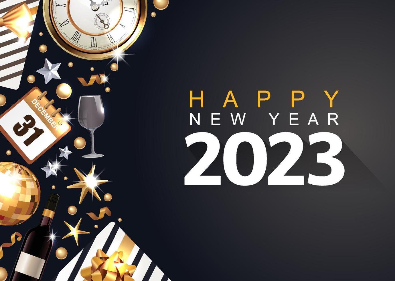 2023 bonne année. bannière de bonne année avec des objets métalliques dorés 2023. fond de luxe sombre. vecteur