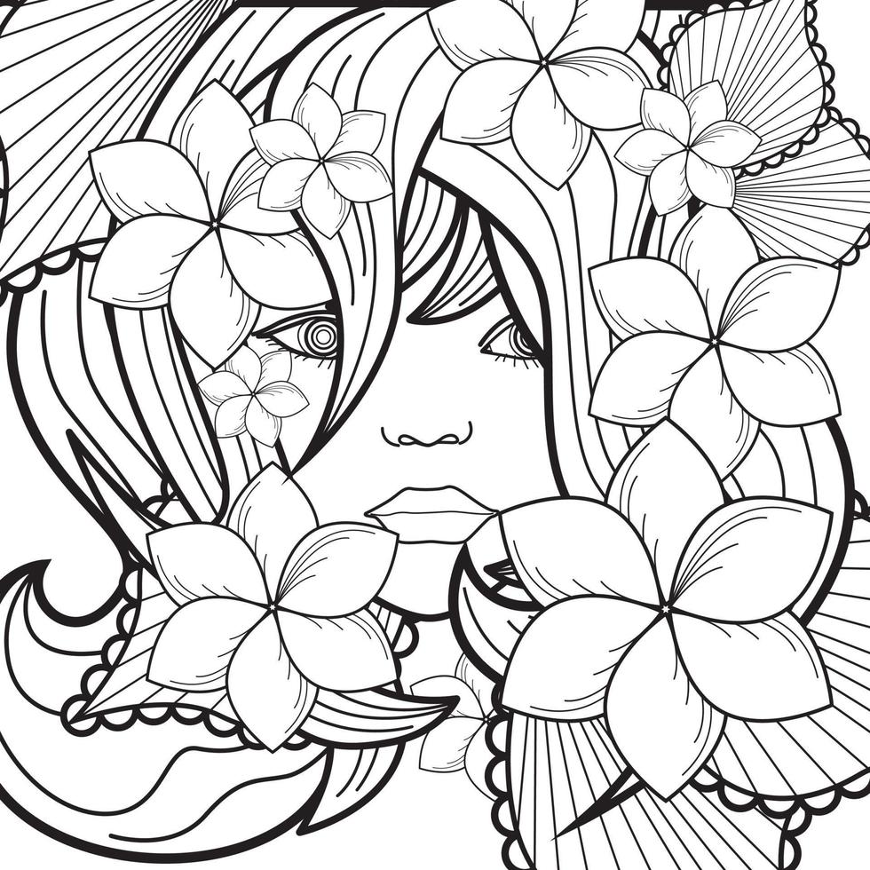 coiffure décorative de fille de vecteur avec des fleurs, des feuilles dans les cheveux dans un style doodle. nature, fleuri, illustration florale. fond monochrome noir et blanc. page de livre de coloriage zentangle dessiné à la main