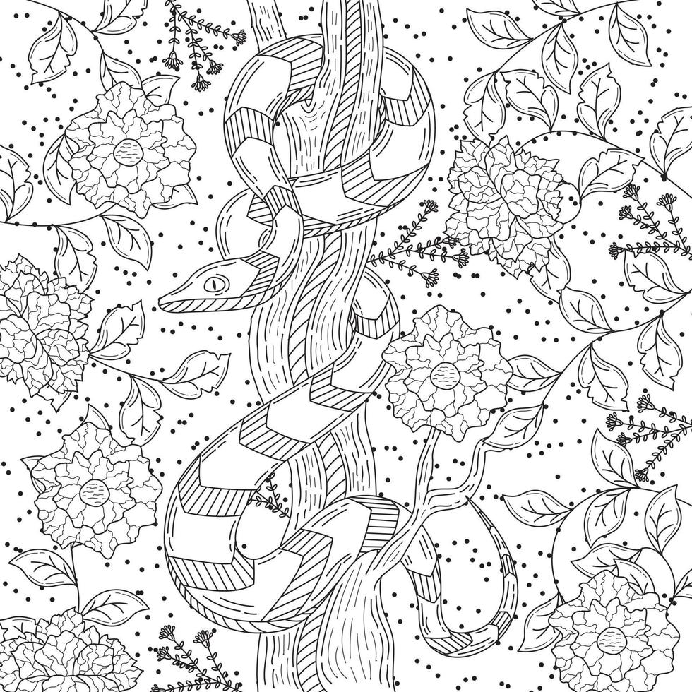 serpent tordu dessiné à la main et pivoines isolés sur blanc. serpent monochrome de vecteur avec des fleurs et des feuilles. illustration verticale florale dans un style vintage, conception de t-shirt, tatouage, coloriage.