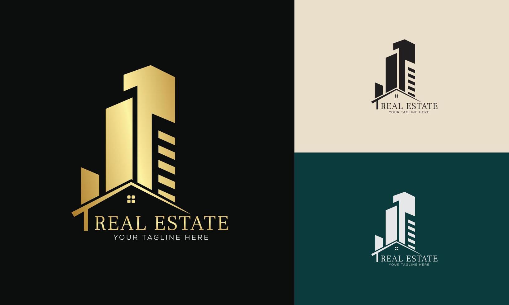 modèle de logo immobilier avec badges premium de style créatif doré pour le logo de l'agent immobilier vendu vecteur