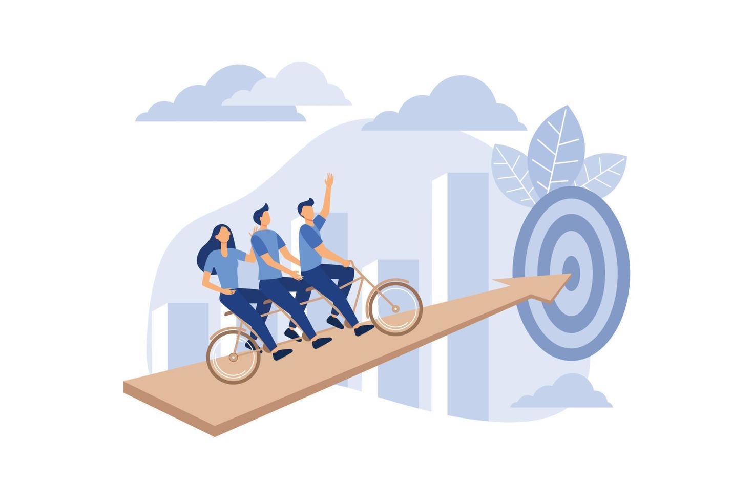 les gens vont team n bike vers leur objectif, pour faire monter la motivation. chemin vers l'objectif, pédaler pour l'énergie et les idées. illustration vectorielle plane vecteur