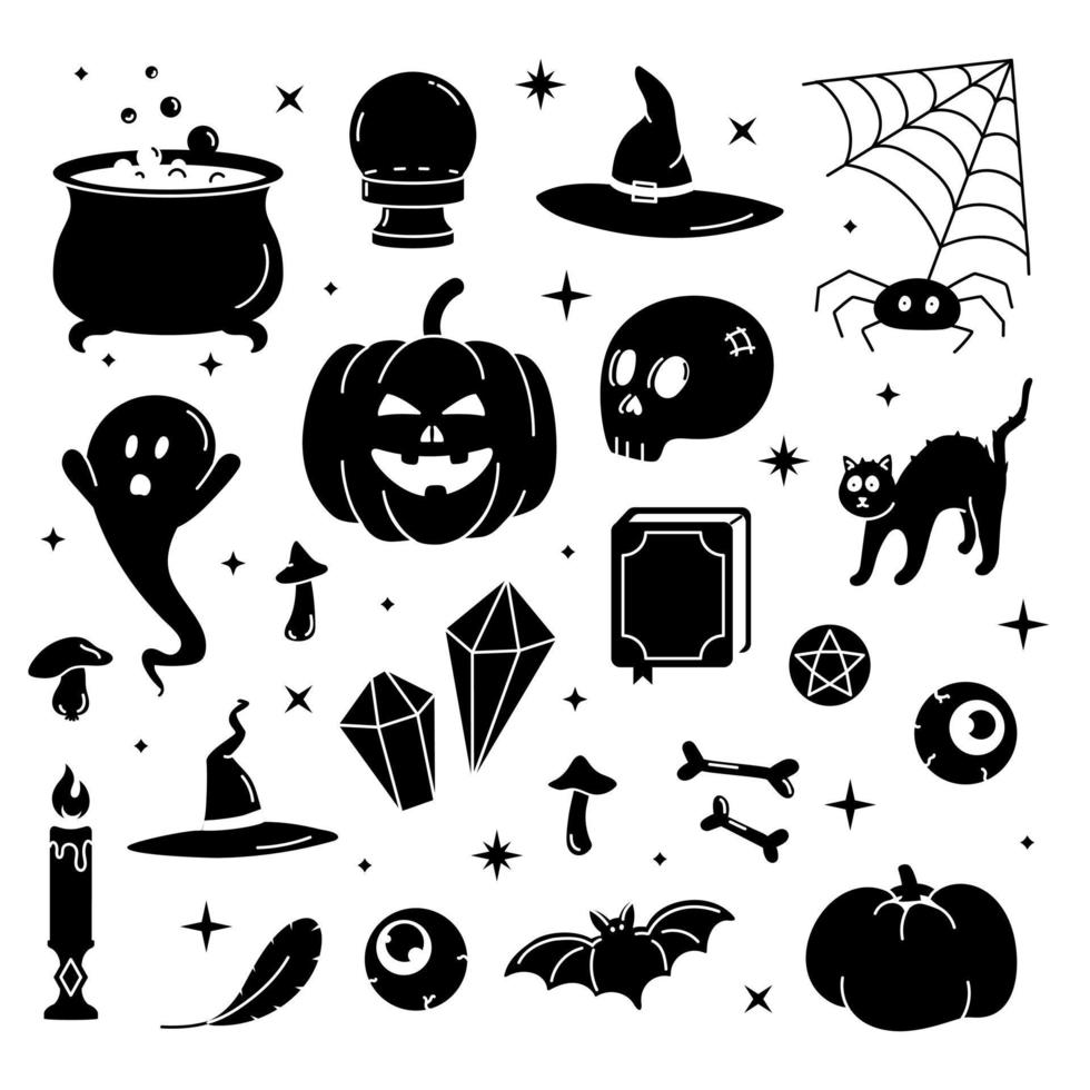 définir une illustration vectorielle noire d'éléments de conception de trucs ou de friandises d'halloween mignons à la mode, tels que la chauve-souris, les os, les citrouilles, les chats, etc. vecteur