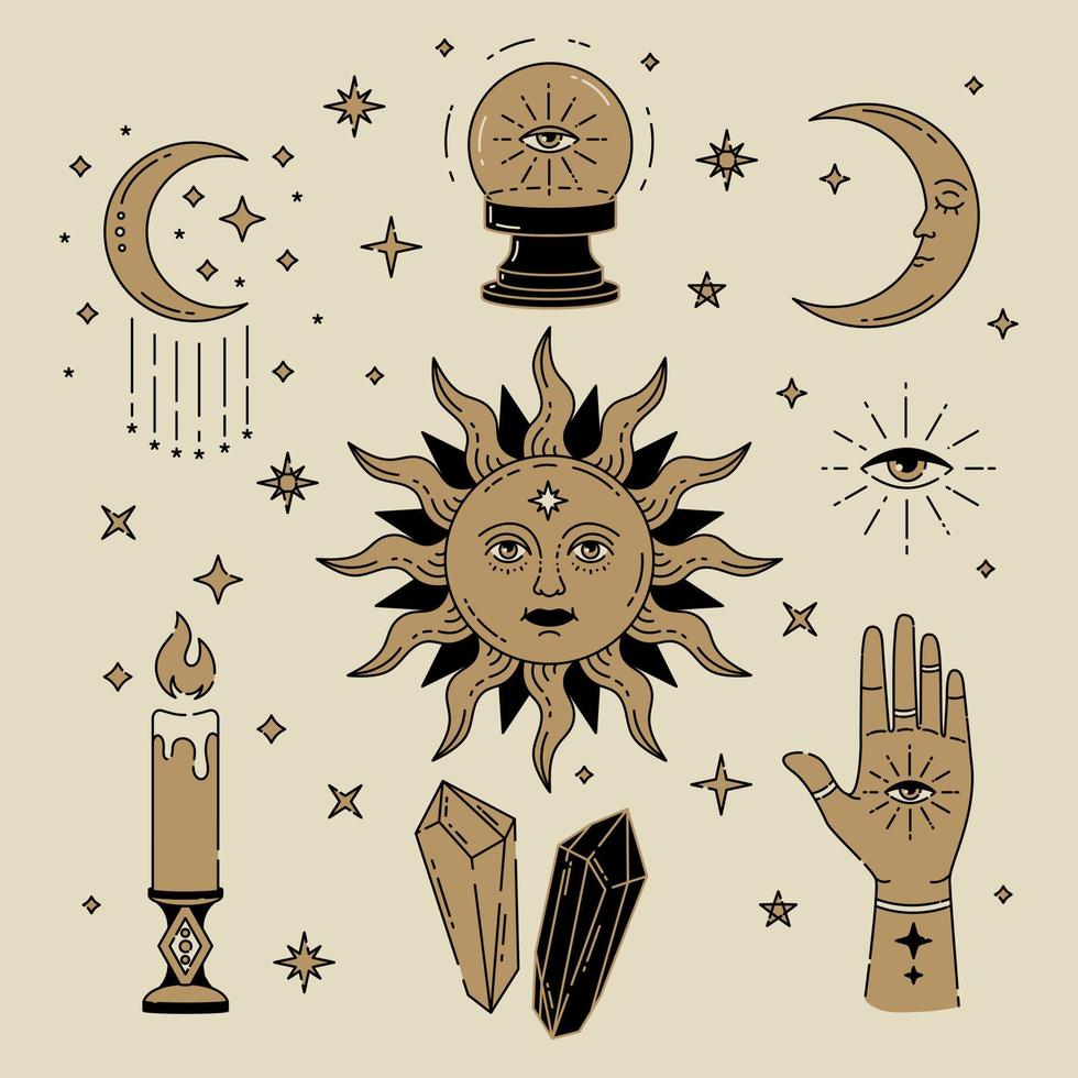 illustration couleur or magique céleste des icônes et des symboles du soleil, de la lune, des cristaux, du mauvais œil, des mains de sorcière. vecteur