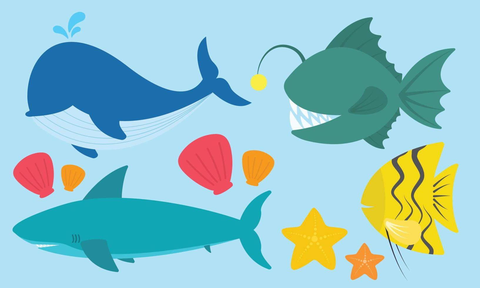 mignon, animaux mer, illustration, ensemble, vecteur, dans, requin, baudroie, baleine, palourde, étoile mer, collection vecteur