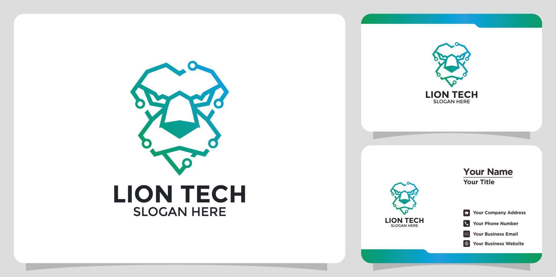 logo et carte de visite de lion de technologie vecteur