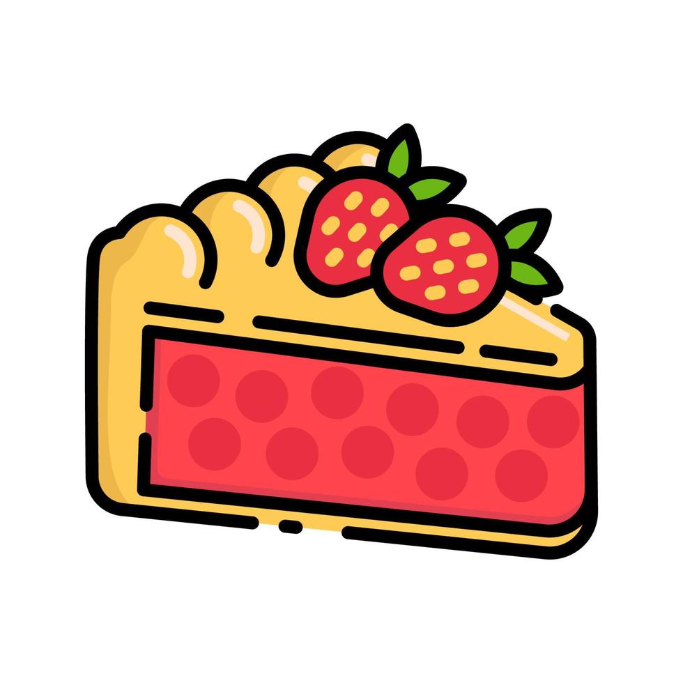 tranche de tarte aux fraises mignonne avec garniture de dessin animé à plat pour chemise, affiche, carte-cadeau, couverture, logo, autocollant et icône. vecteur