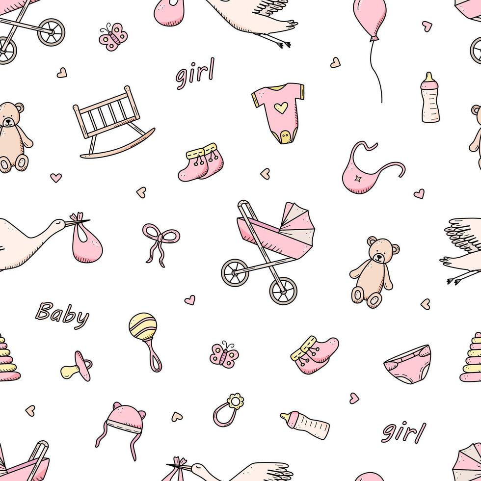 icônes nouveau-né de modèle sans couture définies pour une petite fille. illustration vectorielle d'éléments pour un petit bébé. poussette, baby work, hochets et ours en peluche et bien plus encore vecteur