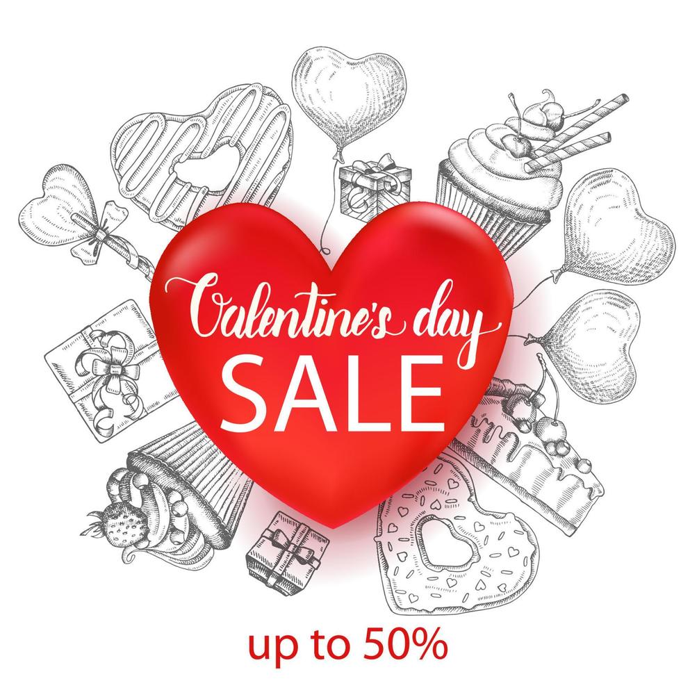 fond de vente saint valentin avec doodle objets dessinés à la main dans un style de croquis-sucette, beignet glacé, coupe de champagne, coffrets cadeaux, tarte, cupcake autour d'un coeur réaliste 3d. jusqu'à 50. lettrage vecteur