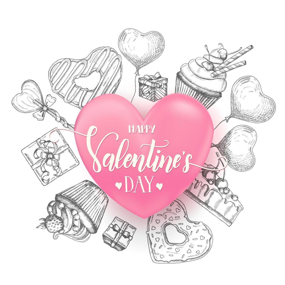 fond de saint valentin avec doodle objets dessinés à la main dans un style de croquis-sucette, beignet glacé, coupe de champagne, coffrets cadeaux, tarte, cupcake autour d'un coeur réaliste 3d.joyeuse saint valentin - lettrage vecteur