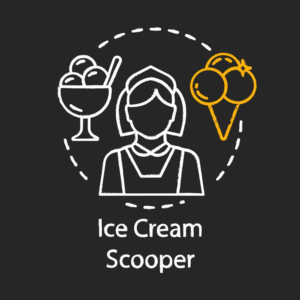 icône de craie de scooper de crème glacée. travail de service de restauration et de boissons. restauration, café, employé de magasin de crème glacée, personnel. travail à temps partiel. travail d'entrée de gamme. illustration de tableau vectoriel isolé