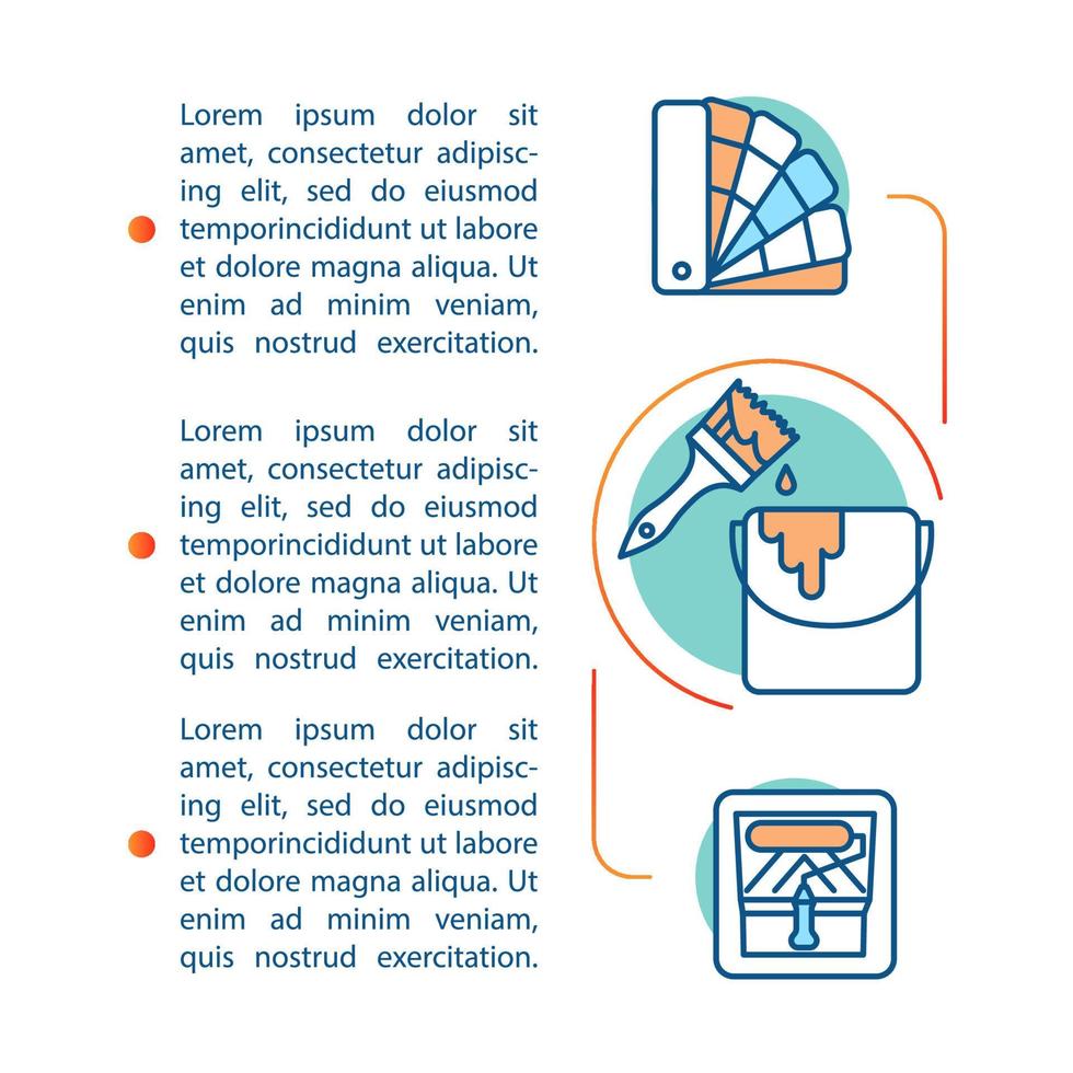 modèle de vecteur de page d'article de peinture intérieure. services de peintre en bâtiment. brochure, magazine, élément de conception de livret avec icônes linéaires et zones de texte. design d'impression. illustrations de concept avec espace de texte