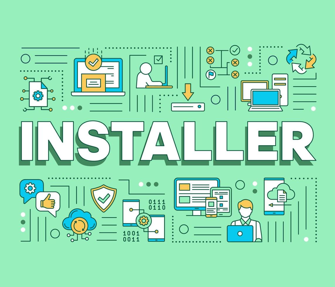 bannière de concepts de mots d'installation. API. installation, maintenance et suppression de logiciels. présentation, site internet. idée de typographie de lettrage isolé avec des icônes linéaires. illustration de contour de vecteur