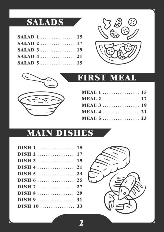 modèle de menu de restaurant. salade, soupe, plats principaux. steak, écrevisses. conception d'impression avec des icônes linéaires. illustrations vectorielles conceptuelles. restaurant, bannière de café, page de brochure de dépliant avec mise en page des prix des aliments vecteur