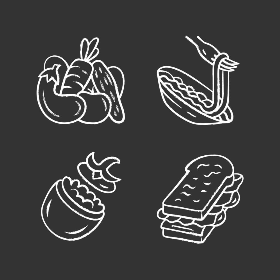 ensemble d'icônes de craie d'aliments nutritifs. légumes, pâtes, tomate farcie, sandwich. café, restaurant snack, apéritif. alimentation saine. salade, spaghettis. illustrations de tableau de vecteur isolé