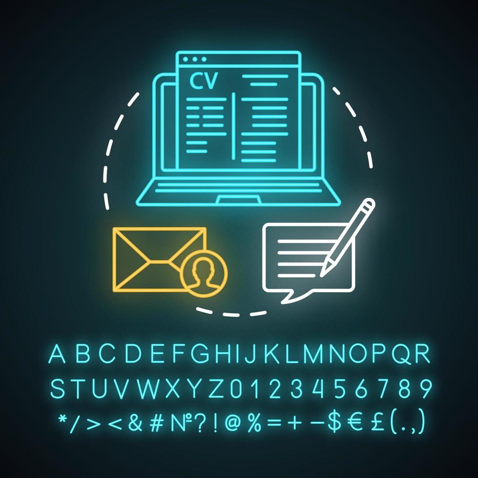 écrire cv icône de concept de lumière néon. CV, curriculum vitae. envoi d'une demande d'emploi et d'un curriculum vitae. inscription, idée d'inscription. alphabet, chiffres et symboles lumineux. illustration vectorielle isolée vecteur