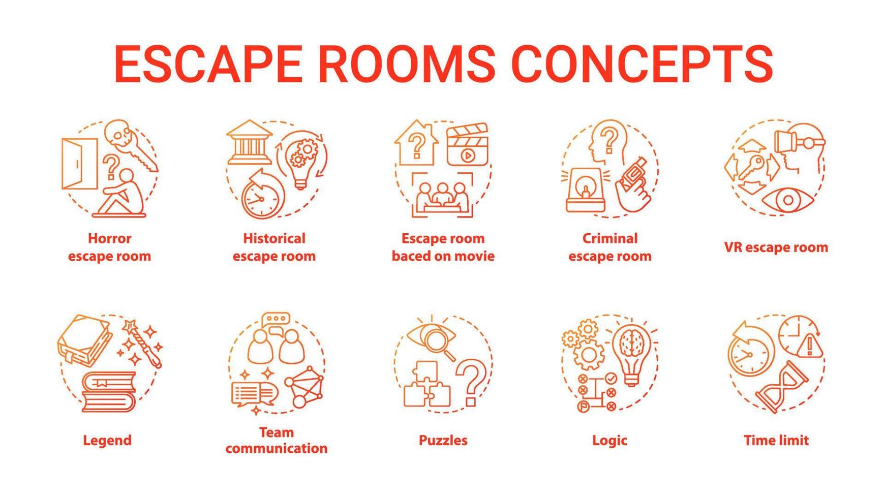 ensemble d'icônes de concept de dégradé rouge de salle d'évasion. illustration de fine ligne d'idée de types de quêtes. collection de jeux logiques de stratégie. pack de résolution d'énigmes et d'énigmes. dessin de contour isolé de vecteur