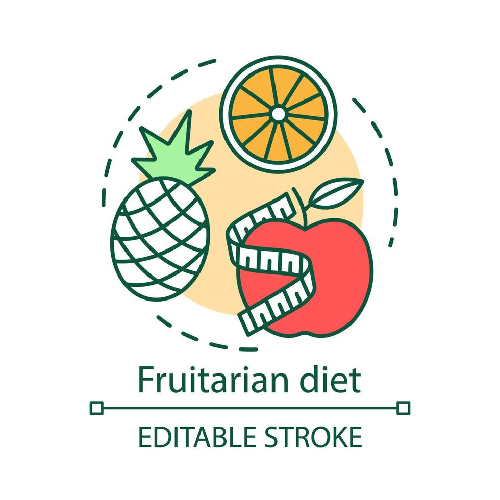 icône de concept de régime fruitarien. illustration de la ligne mince de l'idée de nutrition végétarienne. fruits biologiques, mode de vie végétalien. pomme fraîche, ananas et orange vecteur dessin de contour isolé. trait modifiable