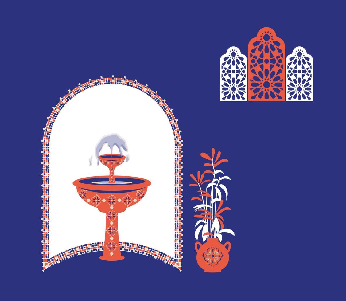 abstraits minimalistes créatifs. façade de maison ou de mosquée avec fontaine d'eau, couloir et portail avec arche, plantes d'intérieur. illustration vectorielle. vecteur