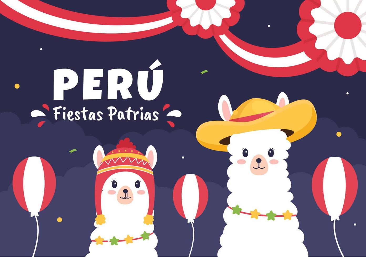 felices fiestas patrias ou illustration de dessin animé mignon fête de l'indépendance péruvienne avec drapeau pour la fête nationale du pérou le 28 juillet sur fond de style plat vecteur
