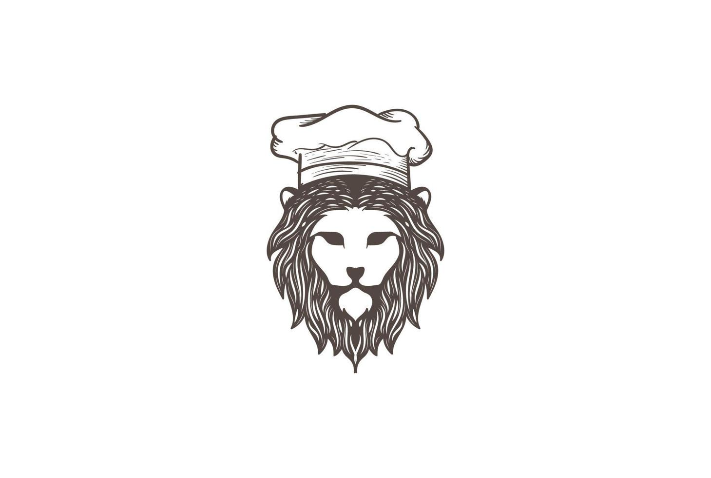 visage de tête de roi lion rétro vintage avec chapeau de chef pour le vecteur de conception de logo de nourriture de cuisinier de restaurant