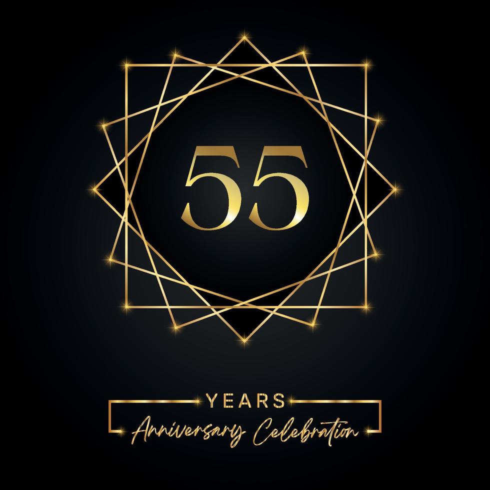 Conception de célébration d'anniversaire de 55 ans. Logo 55 anniversaire avec cadre doré isolé sur fond noir. conception de vecteur pour l'événement de célébration d'anniversaire, fête d'anniversaire, carte de voeux.