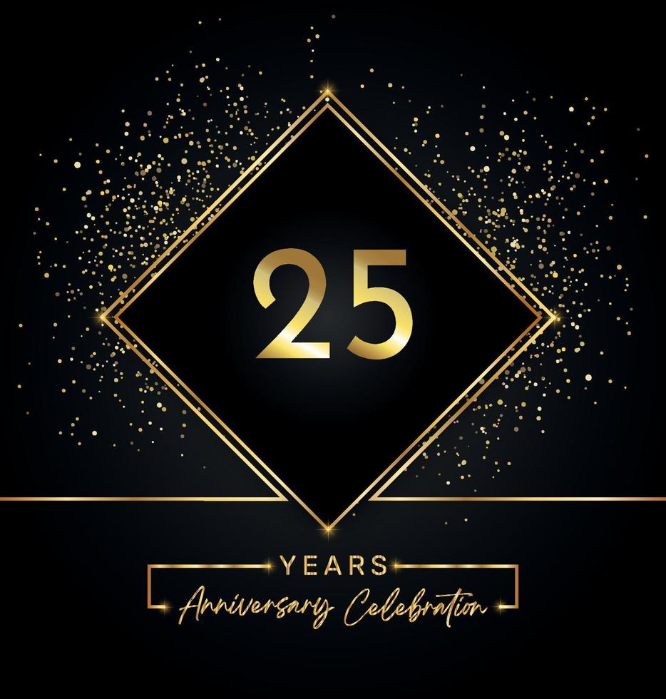 Célébration du 25e anniversaire avec cadre doré et paillettes dorées sur fond noir. création vectorielle pour carte de voeux, fête d'anniversaire, mariage, fête d'événement, invitation. Logo anniversaire 25 ans. vecteur