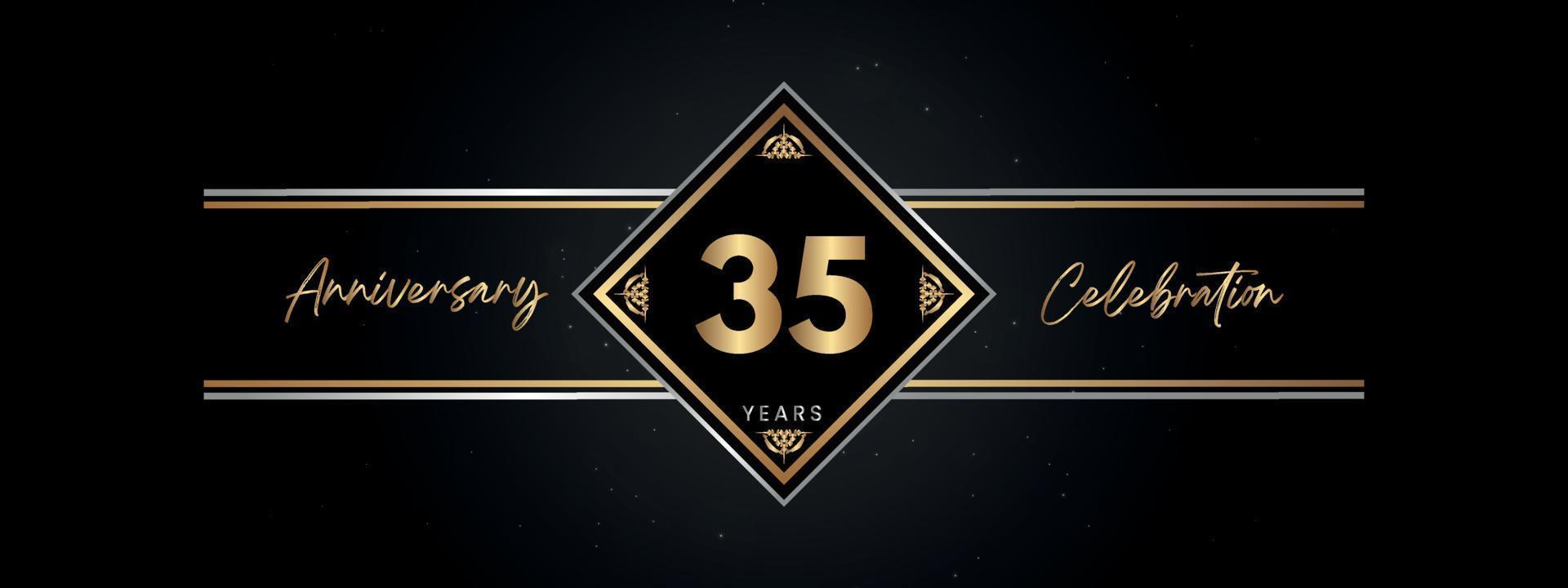 35 ans anniversaire couleur dorée avec cadre décoratif isolé sur fond noir pour l'événement de célébration d'anniversaire, fête d'anniversaire, brochure, carte de voeux. Conception de modèle d'anniversaire de 35 ans vecteur