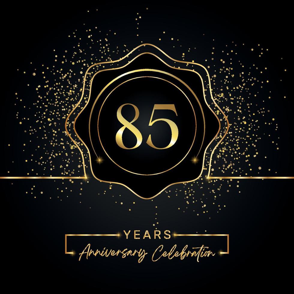 Célébration de l'anniversaire de 85 ans avec cadre étoile doré isolé sur fond noir. création vectorielle pour carte de voeux, fête d'anniversaire, mariage, fête d'événement, carte d'invitation. Logo anniversaire 85 ans. vecteur