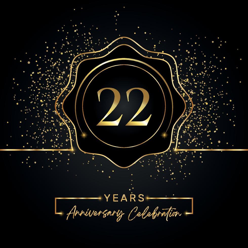 Célébration de l'anniversaire de 22 ans avec cadre étoile doré isolé sur fond noir. création vectorielle pour carte de voeux, fête d'anniversaire, mariage, fête d'événement, carte d'invitation. Logo anniversaire 22 ans. vecteur