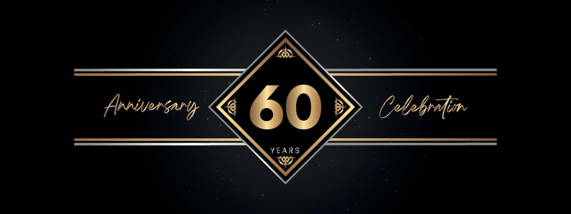 60 ans anniversaire couleur dorée avec cadre décoratif isolé sur fond noir pour l'événement de célébration d'anniversaire, fête d'anniversaire, brochure, carte de voeux. Conception de modèle d'anniversaire de 60 ans vecteur