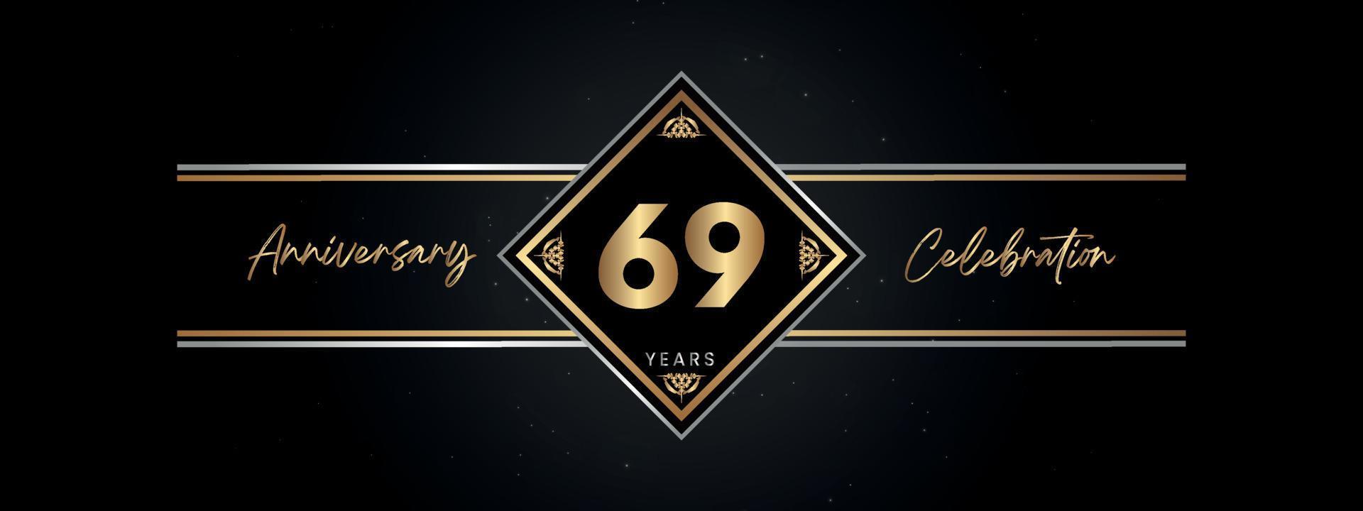 69 ans anniversaire couleur dorée avec cadre décoratif isolé sur fond noir pour l'événement de célébration d'anniversaire, fête d'anniversaire, brochure, carte de voeux. Conception de modèle d'anniversaire de 69 ans vecteur