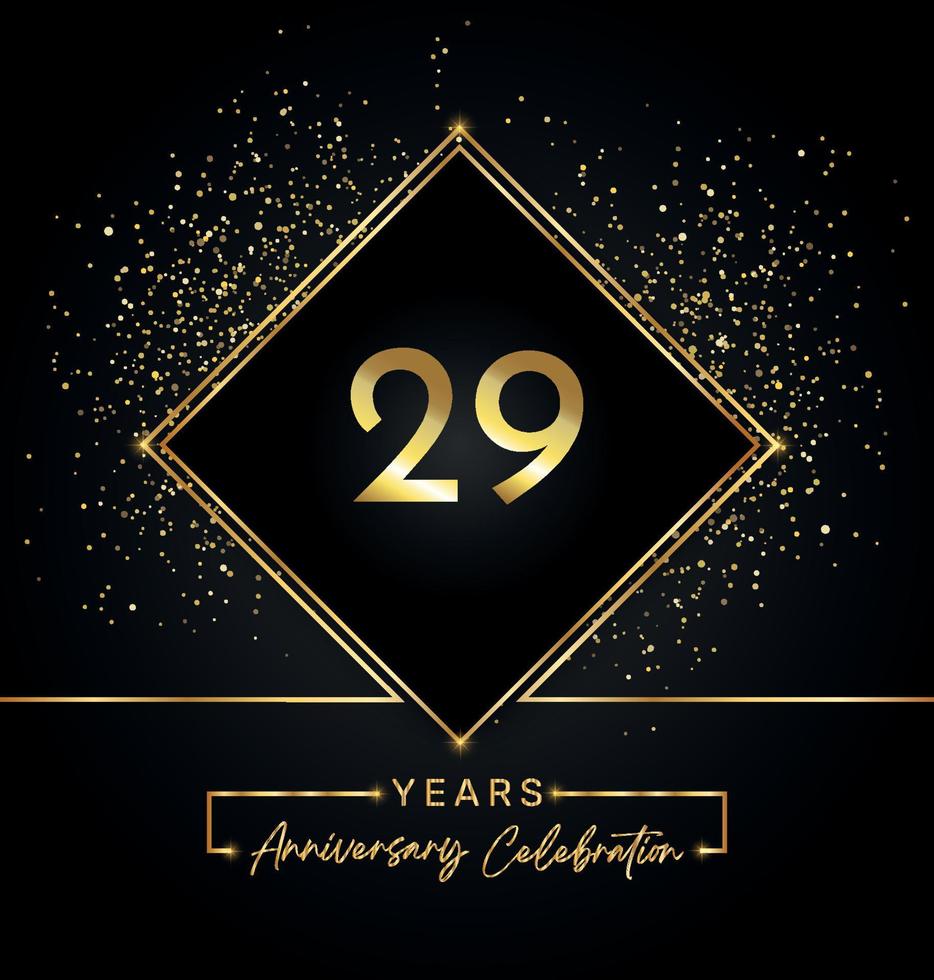 Anniversaire de 29 ans avec cadre doré et paillettes dorées sur fond noir. création vectorielle pour carte de voeux, fête d'anniversaire, mariage, fête d'événement, invitation. Logo anniversaire 29 ans. vecteur