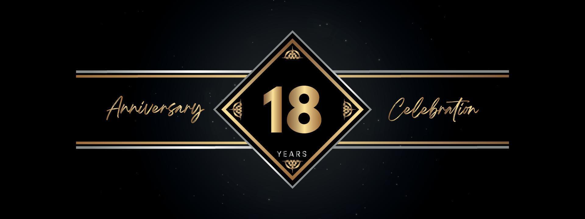 18 ans anniversaire couleur dorée avec cadre décoratif isolé sur fond noir pour l'événement de célébration d'anniversaire, fête d'anniversaire, brochure, carte de voeux. Conception de modèle d'anniversaire de 18 ans vecteur