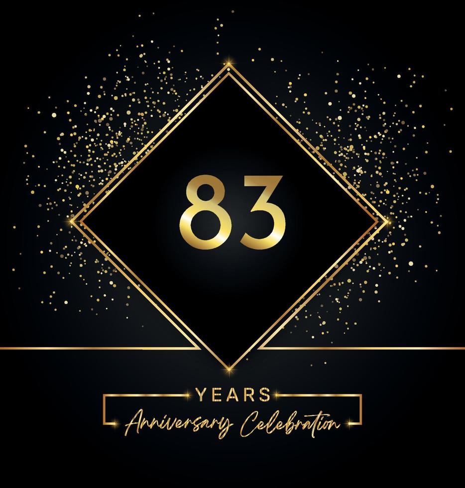 Anniversaire de 83 ans avec cadre doré et paillettes dorées sur fond noir. création vectorielle pour carte de voeux, fête d'anniversaire, mariage, fête d'événement, invitation. Logo anniversaire 83 ans. vecteur