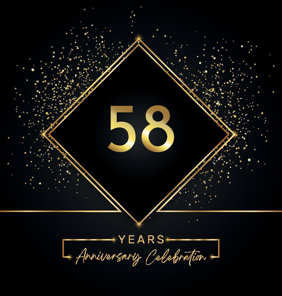 Anniversaire de 58 ans avec cadre doré et paillettes dorées sur fond noir. création vectorielle pour carte de voeux, fête d'anniversaire, mariage, fête d'événement, invitation. Logo anniversaire 58 ans. vecteur