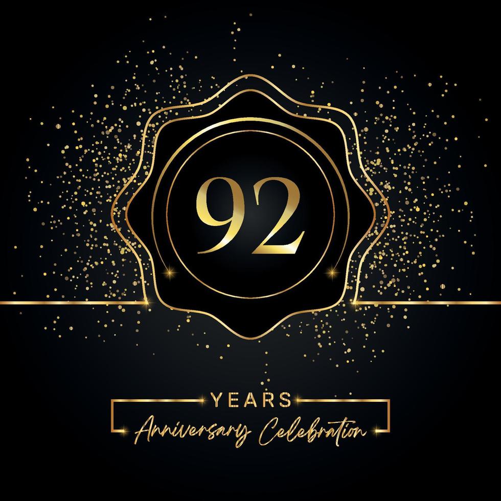 Célébration de l'anniversaire de 92 ans avec cadre étoile doré isolé sur fond noir. création vectorielle pour carte de voeux, fête d'anniversaire, mariage, fête d'événement, carte d'invitation. Logo anniversaire 92 ans. vecteur