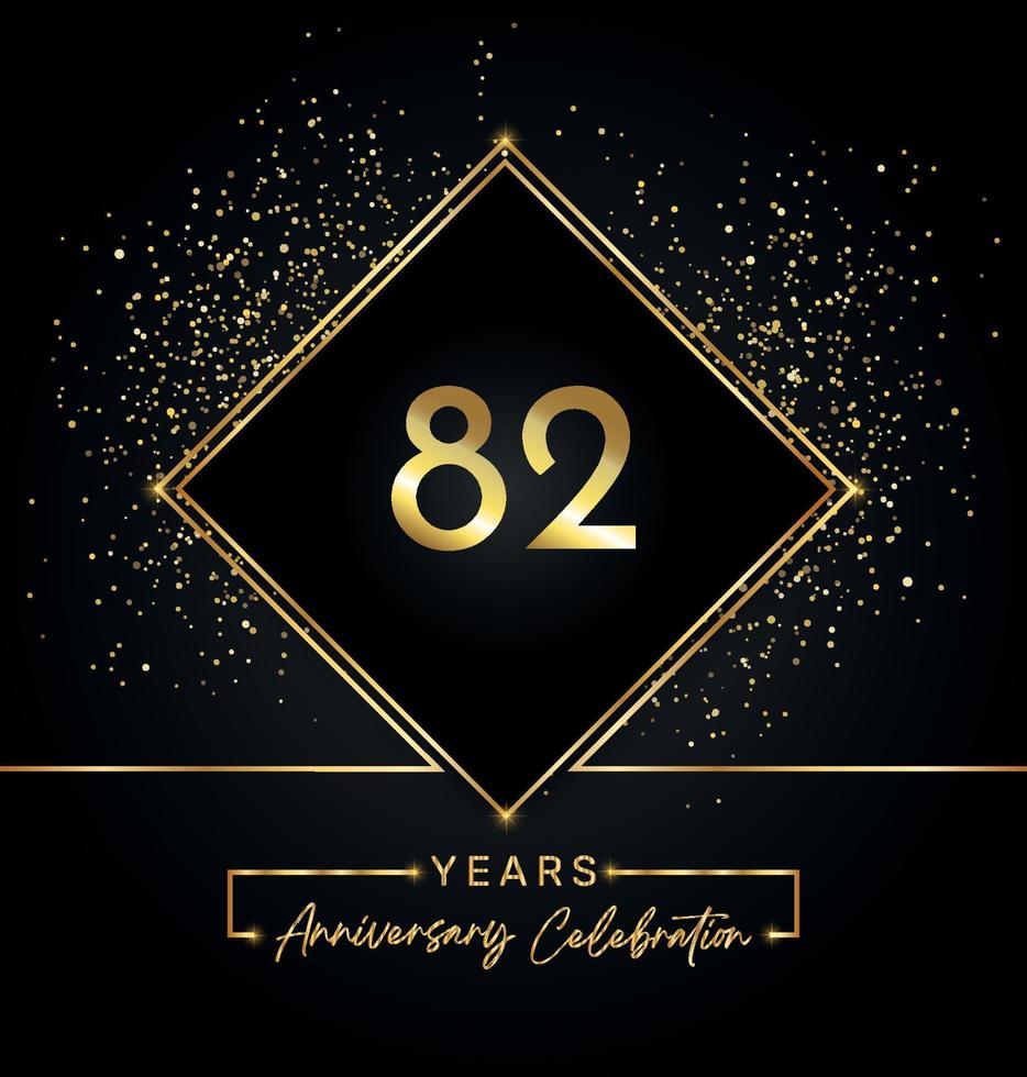 Anniversaire de 82 ans avec cadre doré et paillettes dorées sur fond noir. création vectorielle pour carte de voeux, fête d'anniversaire, mariage, fête d'événement, invitation. Logo anniversaire 82 ans. vecteur