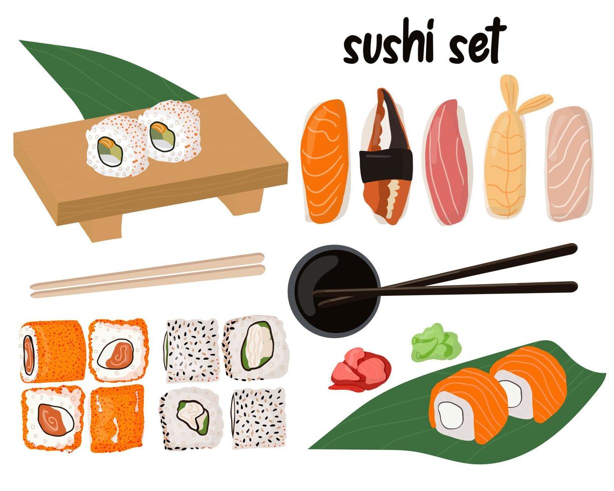 ensemble de sushis et petits pains et articles de service. cuisine japonaise traditionnelle avec des fruits de mer frais vecteur