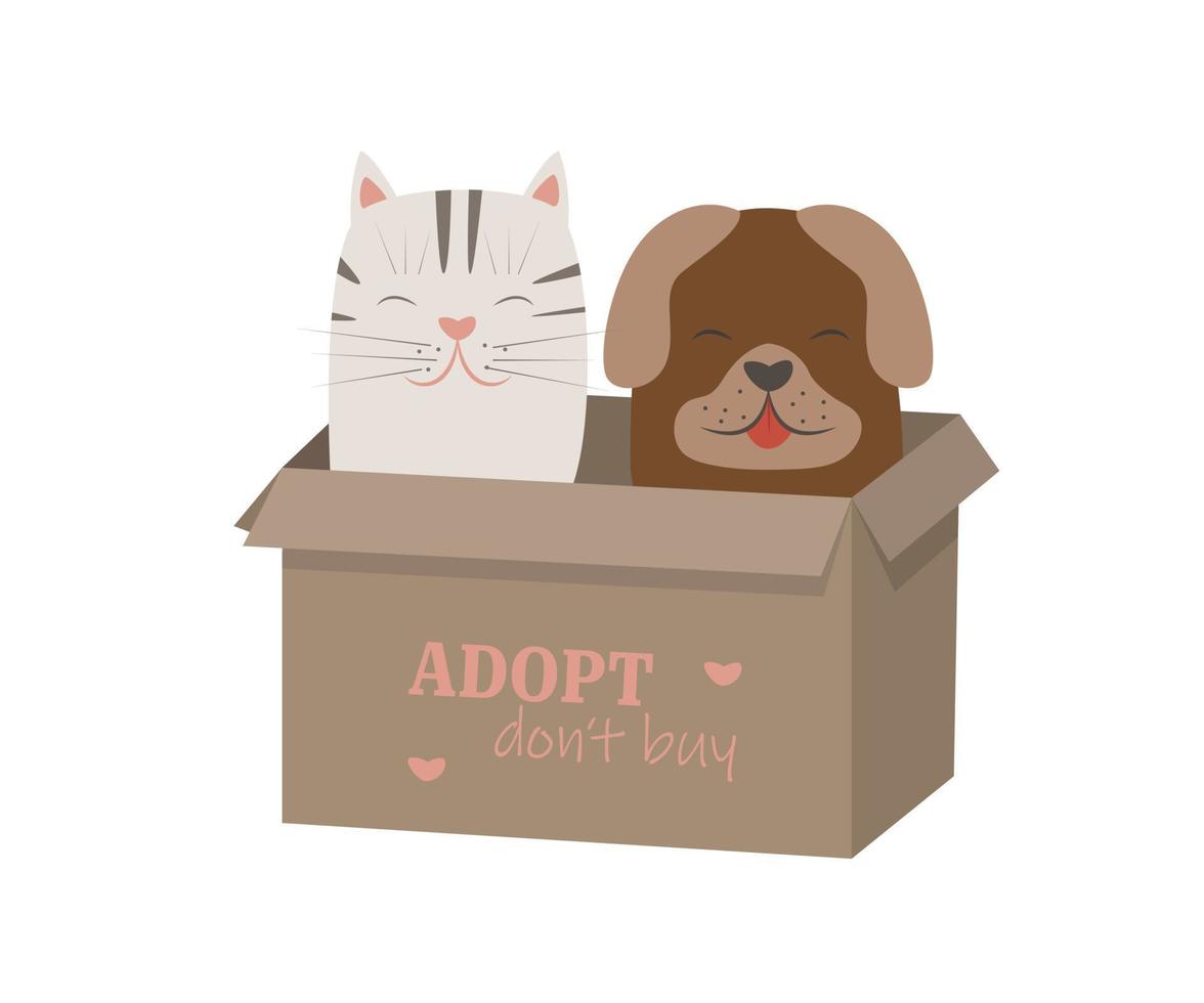 illustration d'un chat et d'un chien dans une boîte d'un refuge pour animaux. vecteur