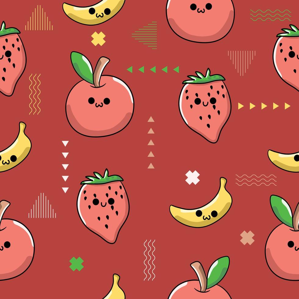 mignon chibi fruits pomme, fraise, banane modèle sans couture doodle pour enfants et bébé kawaii dessin animé prime vecteur fond design décoration illustration créative pour impressions, thème memphis 80s 90s
