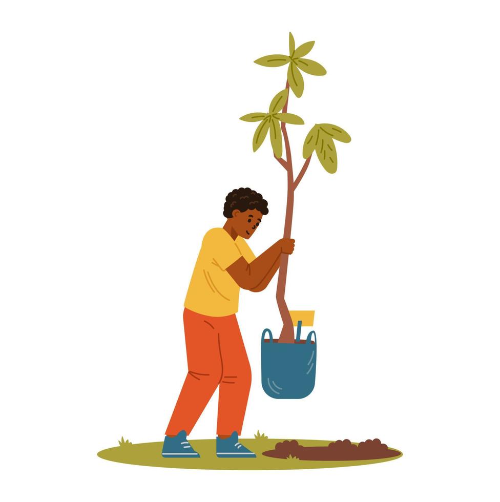 garçon afro-américain transportant des semis d'arbres pour une illustration vectorielle plate haletante isolée sur blanc. vecteur