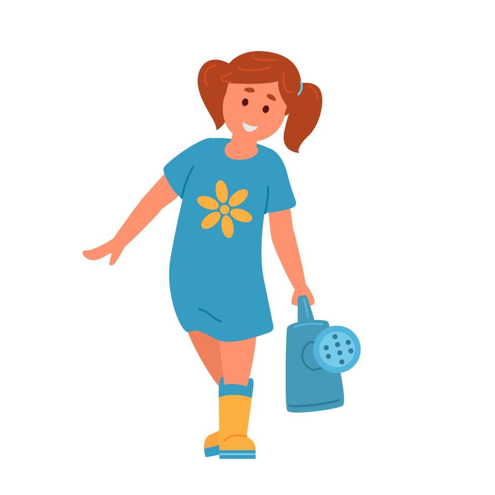 fille en bottes de caoutchouc transportant un arrosoir. illustration de personnage enfant vecteur plat. isolé sur blanc.