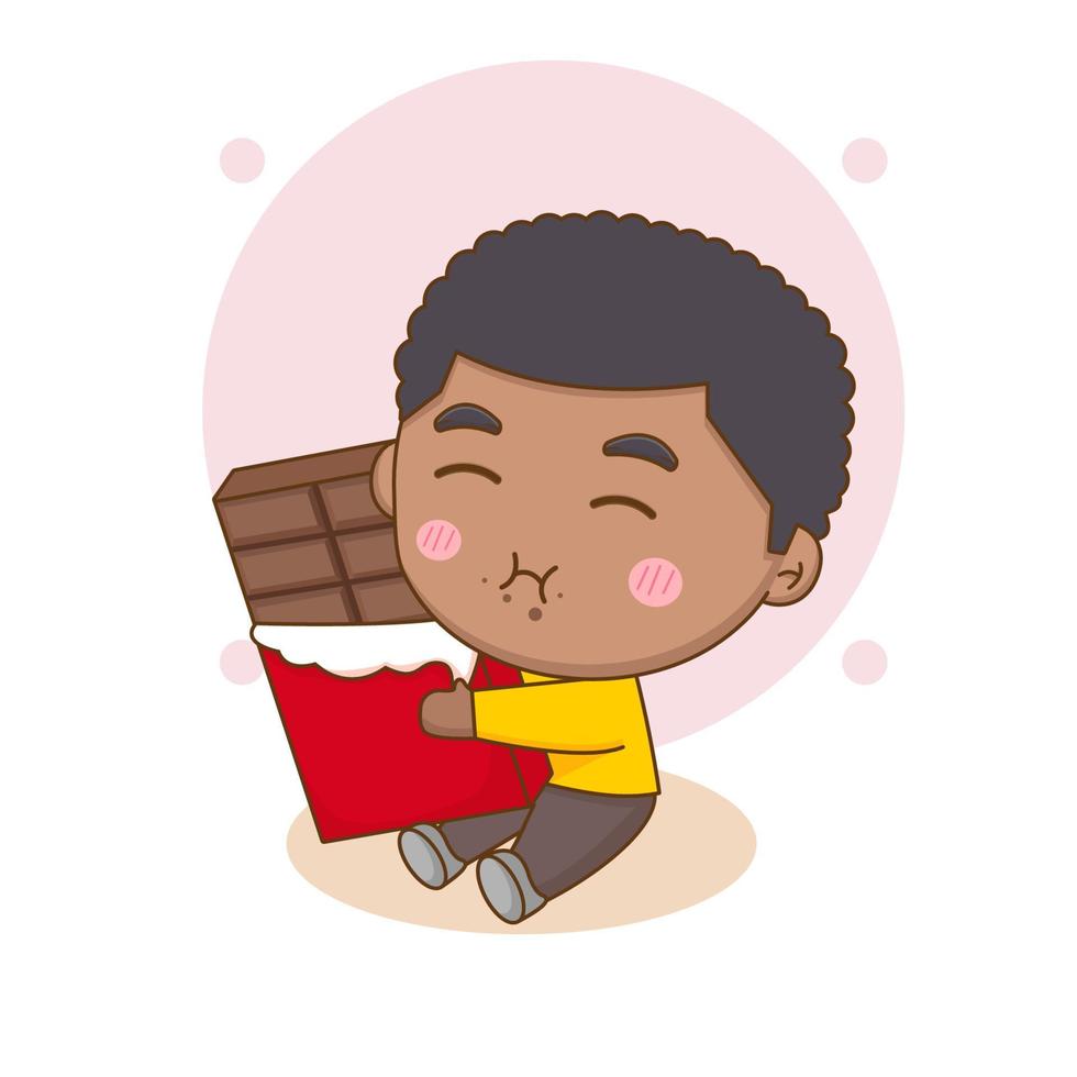 mignon garçon heureux mangeant du chocolat. personnage de dessin animé chibi. illustration de l'art vectoriel