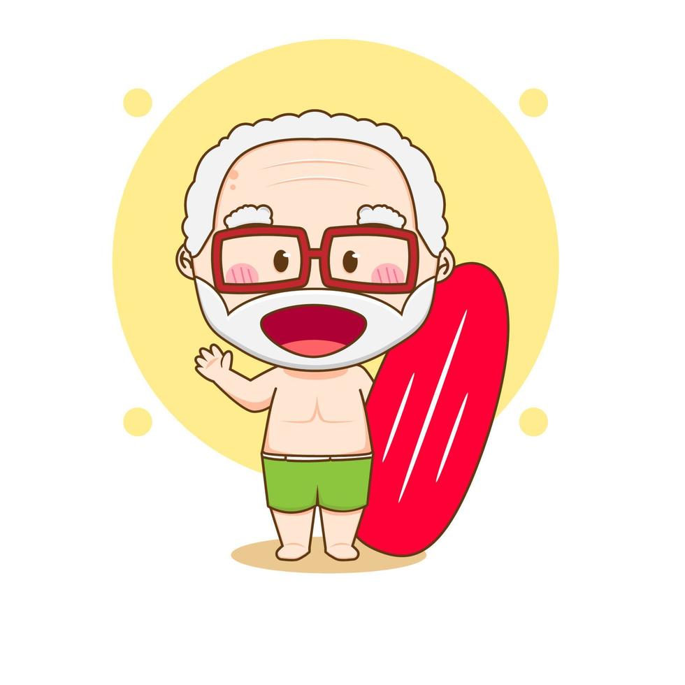 grand-père mignon avec planche de surf. personnage de dessin animé chibi. illustration de l'art vectoriel