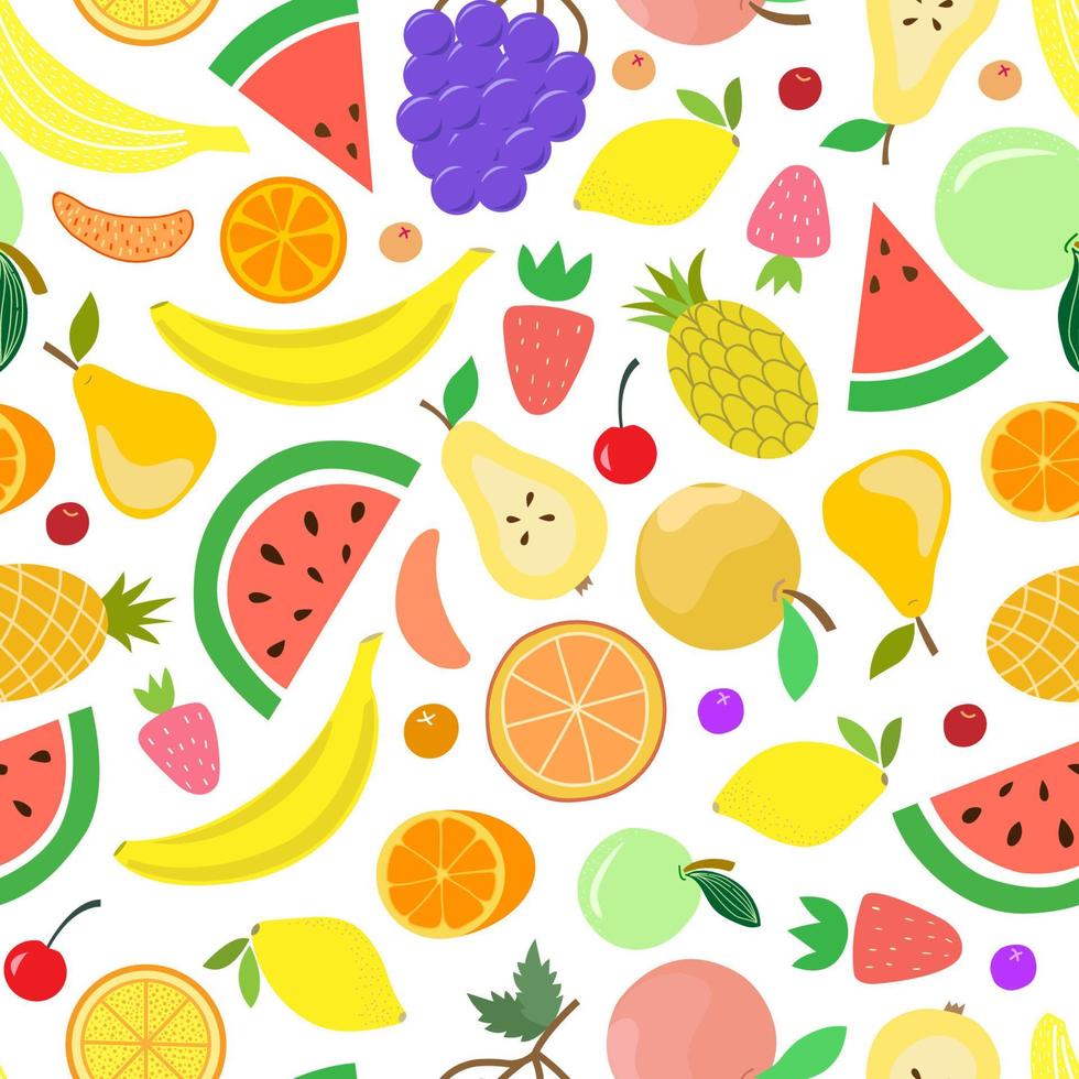 modèle sans couture de fruits. pastèques, oranges, bananes, raisins, fraises, ananas, baies en style carton, plat, dessin à la main. impression délicieuse pour la conception de surface vecteur