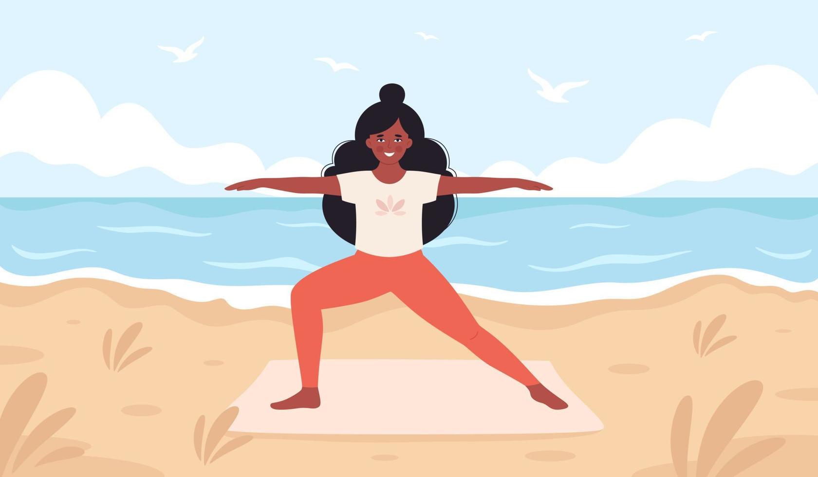 femme noire faisant du yoga sur la plage. bonjour l'été, loisirs d'été, vacances vecteur