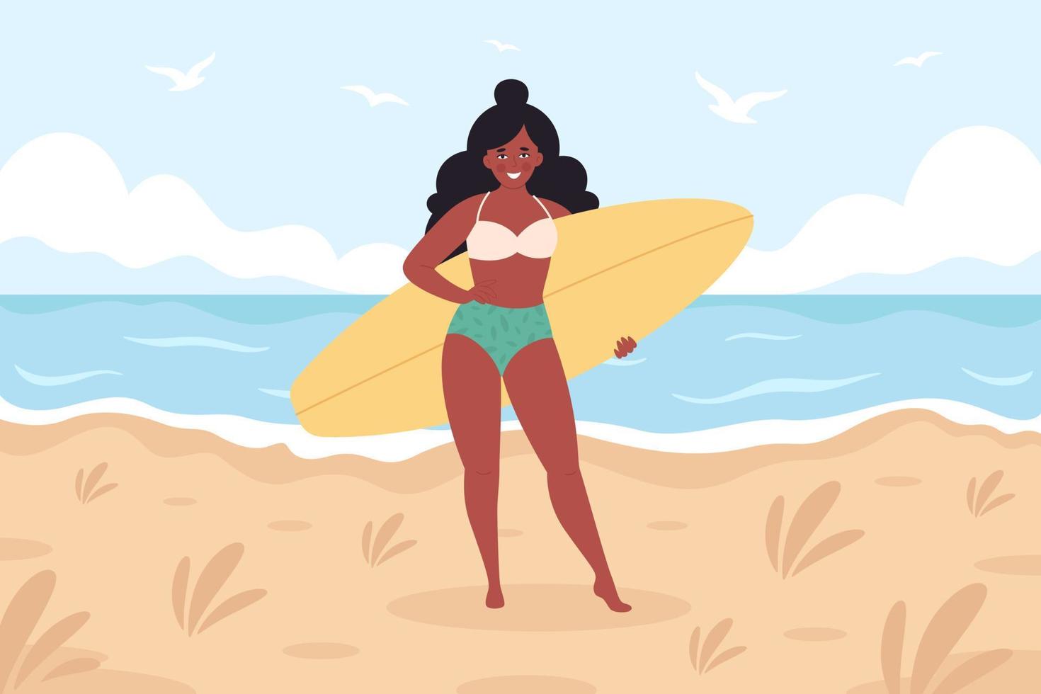 femme noire avec planche de surf sur la plage. activité estivale, été, surf. Bonjour été. vecteur