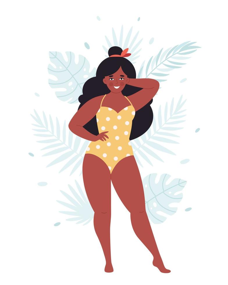 femme noire en surpoids en maillot de bain rétro sur fond de feuilles tropicales. Bonjour été. corps positif vecteur