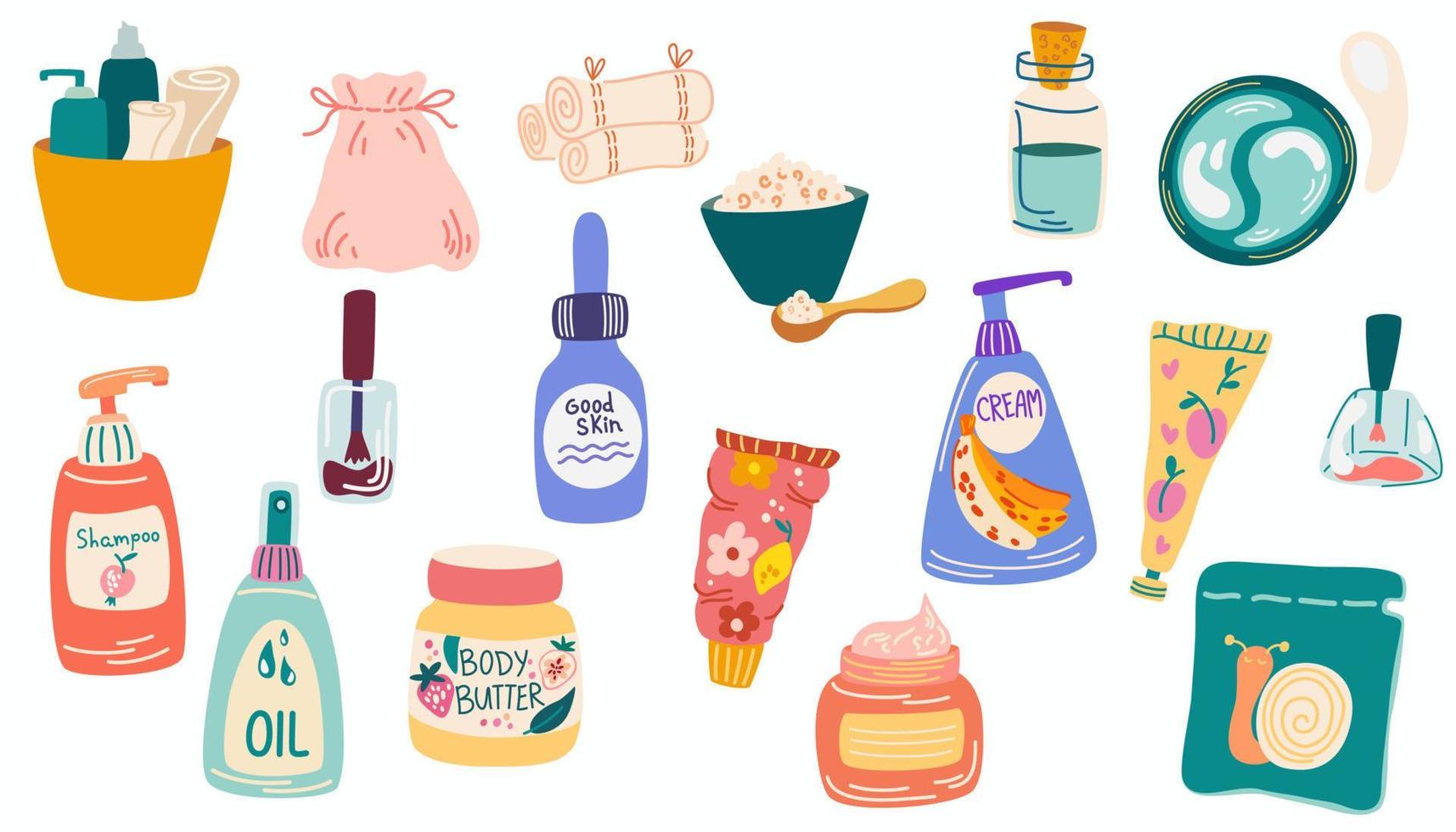 ensemble de cosmétiques. produits de beauté personnalisés. shampooing, crème, masque facial, patchs, rouge à lèvres, huile, pinceaux de maquillage, rouleau de massage. clipart de produits de peau. soins de la peau du visage et du corps. vecteur